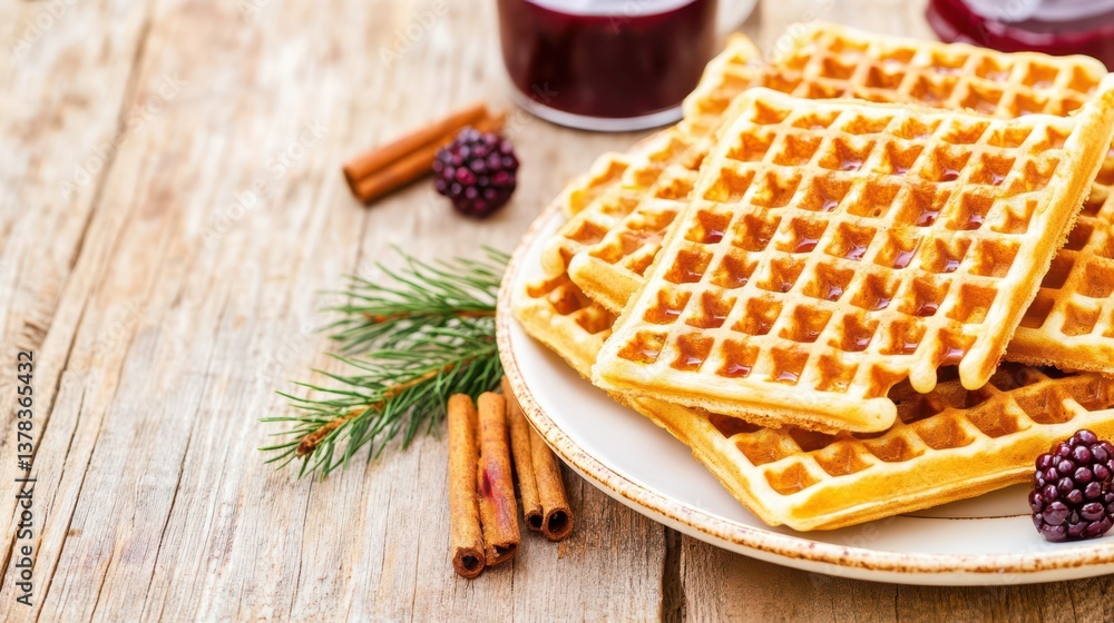Golden Waffle Delight: A mouthwatering composition of golden waffles, berries, and cinnamon sticks artfully arranged on a rustic wooden table, promising a delectable treat. Golden Waffle Delight: A mouthwatering composition of golden waffles, berries, and cinnamon sticks artfully arranged on a rustic wooden table, promising a delectable treat.