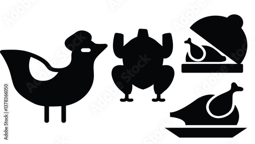 Chicken and Turkey Icons Vector Set Poultry Meal Symbols: Chicken, Turkey, Roast Bird Food Icons: Chicken and Turkey Silhouettes