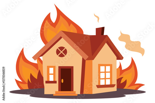 Cartoon House Flames Burning with Smoke on White Background