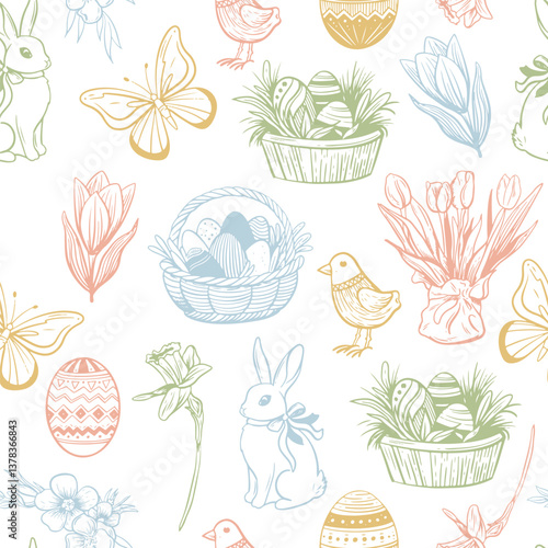 Hand drawn seamless pattern. vintage easter elements. Spring collection sketch illustrations. Rabbit, eggs, flowers, butterfly, bird