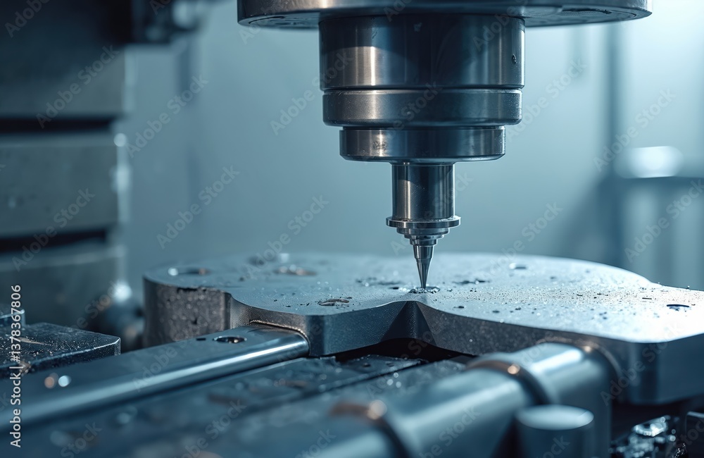 Industrial metalworking with milling cutter. Steel part machining in workshop. Automated process, precision engineering, CNC milling machine. Production, manufacturing, and automated technologies. Industrial metalworking with milling cutter. Steel part machining in workshop. Automated process, precision engineering, CNC milling machine. Production, manufacturing, and automated technologies.