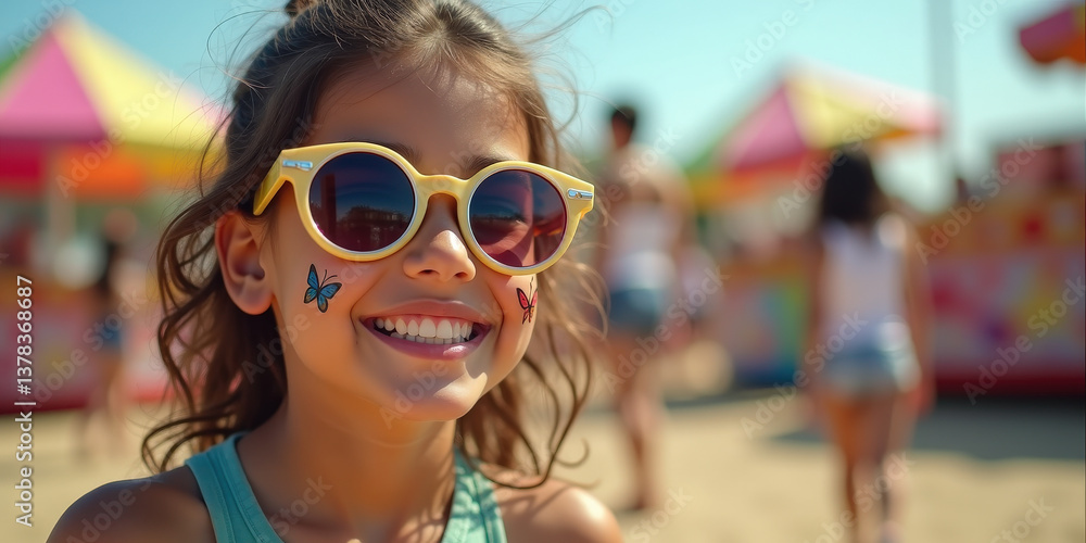 A smiling young girl of Hispanic descent wears yellow sunglasses and butterfly face paint at a colorful beach carnival, radiating joy and innocence in the sunny atmosphere A smiling young girl of Hispanic descent wears yellow sunglasses and butterfly face paint at a colorful beach carnival, radiating joy and innocence in the sunny atmosphere