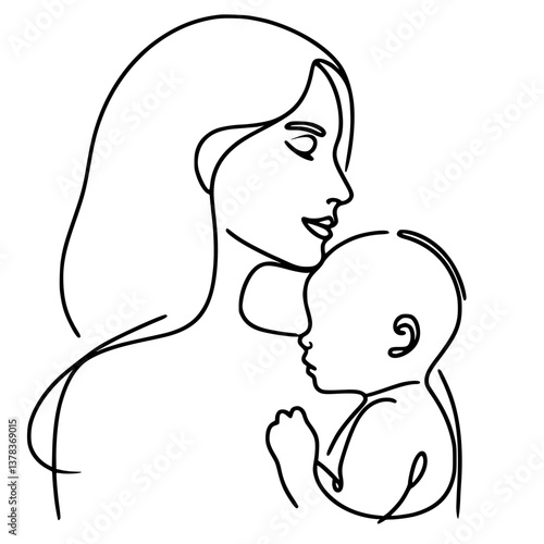 Mother and baby embracing in a line drawing style on transparent background    