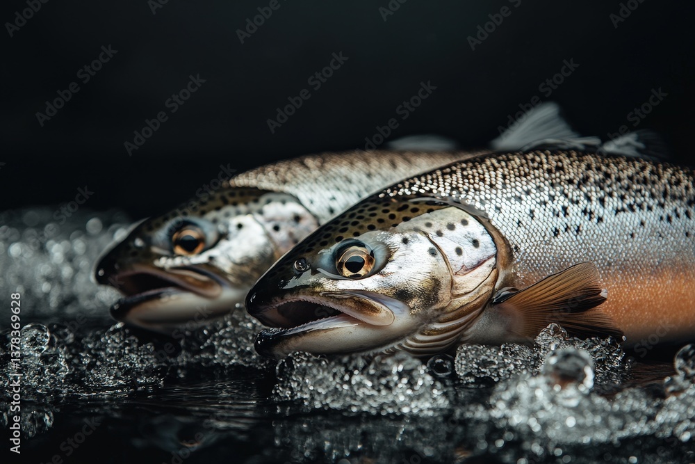 Two fresh fish are presented resting on a bed of ice Two fresh fish are presented resting on a bed of ice
