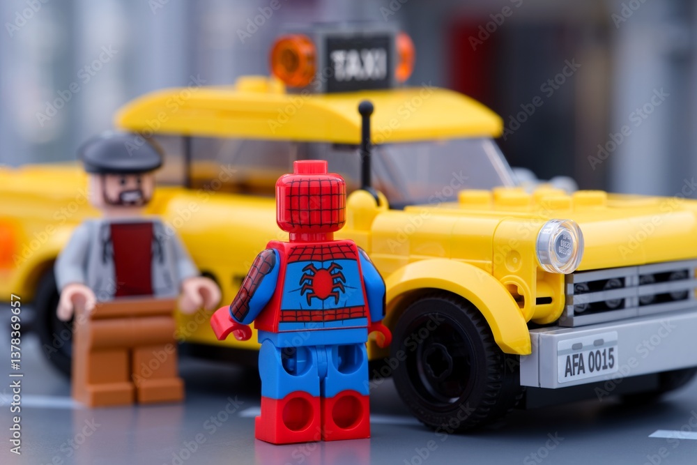 Obraz premium Tambov, Russian Federation - January 13, 2025 Lego cab driver and Spider-Man minifigures standing near a taxi cab on the city street. Focus on the Spider-Man