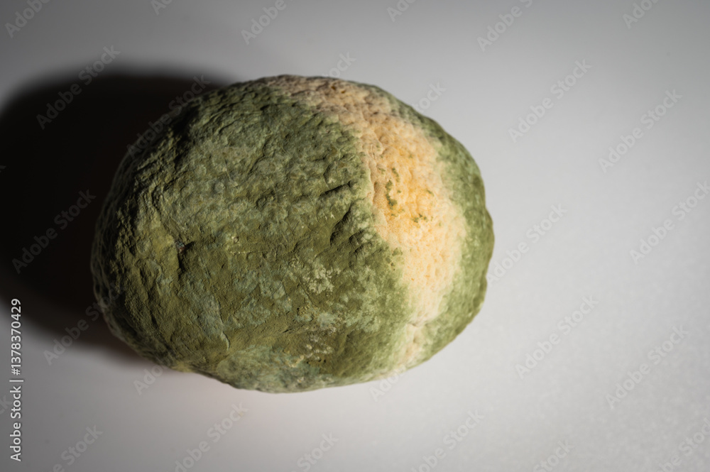 Close-up image of a rotten lemon covered in mold. Rotten citrus fruit with green and white fungus, symbolizing food waste, decomposition and natural organic processes, selective focus Close-up image of a rotten lemon covered in mold. Rotten citrus fruit with green and white fungus, symbolizing food waste, decomposition and natural organic processes, selective focus