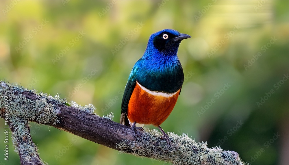 a superb starling or lamprotornis superbus perched on a tree branch displaying its iridescent blue orange and black plumage captured in a natural habitat with a blurred green foliage background a superb starling or lamprotornis superbus perched on a tree branch displaying its iridescent blue orange and black plumage captured in a natural habitat with a blurred green foliage background