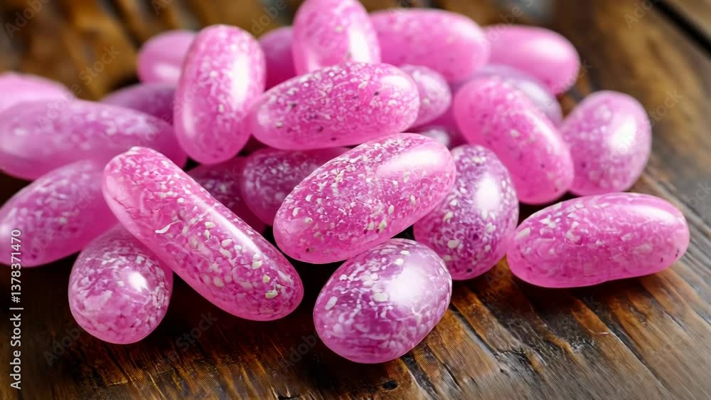 Pink speckled oblong candies on a wooden surface