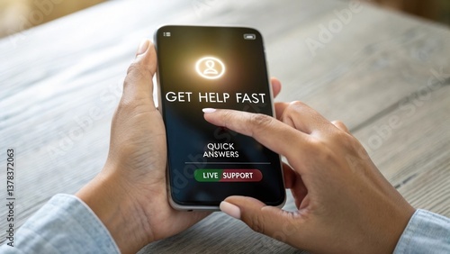 person using smartphone, receiving online help, getting quick answers on the phone. The screen features 