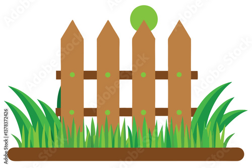 Cartoon Wooden Fence with Green Grass and Green Circle Sun Design