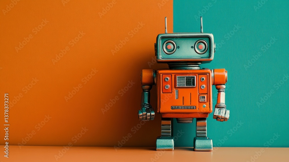 Fototapeta premium Retro Robot on a Two-Tone Background Vintage Artificial Intelligence Concept