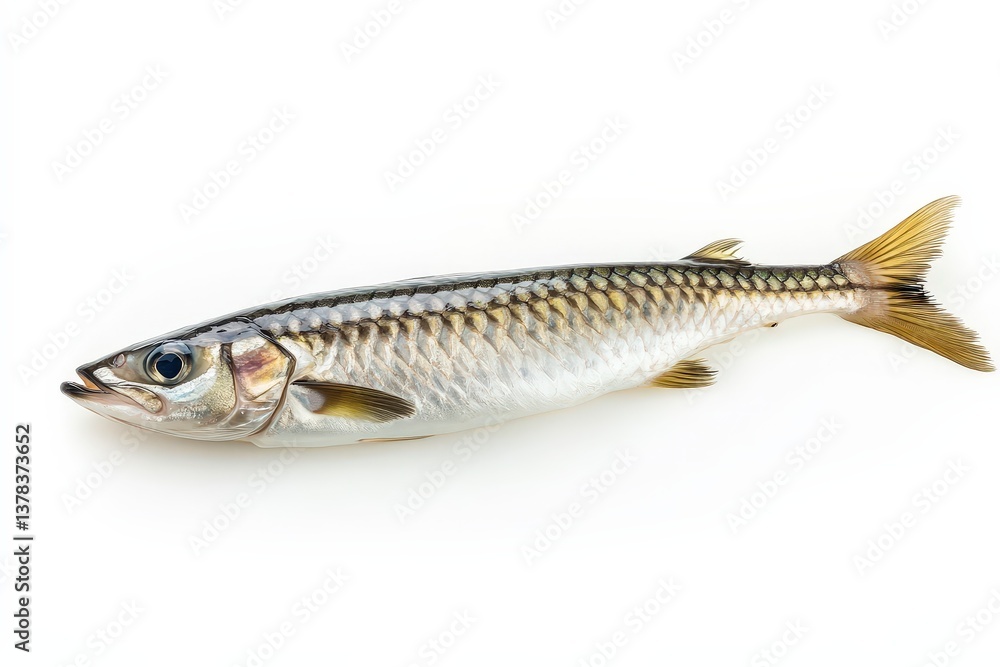 A single silver mackerel fish laying on a white background A single silver mackerel fish laying on a white background