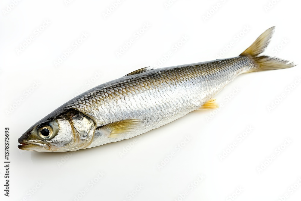 A single fresh silver fish laying on a white surface A single fresh silver fish laying on a white surface