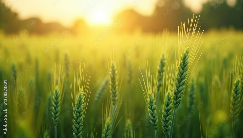 Wheat field at dawn. Young green wheat grows. Sun shines over plants. Landscape of agricultural crops at sunrise, harvest time. Rural scene, eco farming. Nature and agriculture industry. Wheat field at dawn. Young green wheat grows. Sun shines over plants. Landscape of agricultural crops at sunrise, harvest time. Rural scene, eco farming. Nature and agriculture industry.