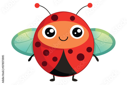 Cheerful Cartoon Ladybug with Large Eyes, Red Shell, Teal Wings on White