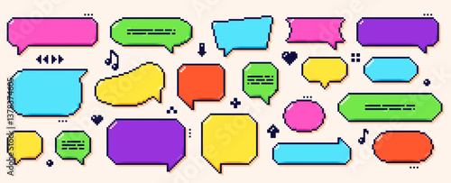 Pixel art color dialogue boxes. Speech bubbles drawn in 8 bit Y2k style with some tiny dark elements.