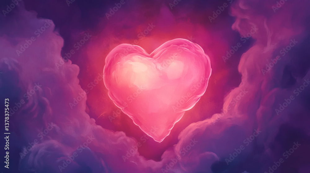 Obraz premium Heart-shaped cloud radiates love in a vibrant sky at sunset