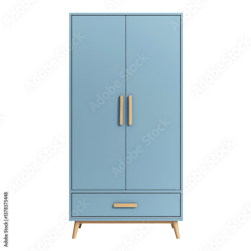 Modern Scandinavian wardrobe in pastel blue with wooden knobs and legs, minimalist design perfect for contemporary interiors.