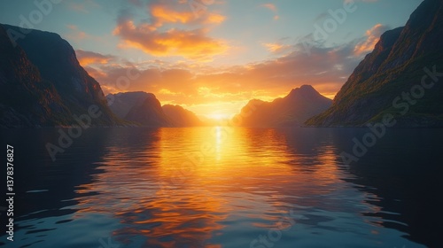 Serene Mountain Sunset Over Lake - Golden Sun Reflecting on Mirror-Like Water Between Towering Peaks, Vibrant Orange and Yellow Sky with Wispy Clouds Creating Perfect Symmetrical Composition