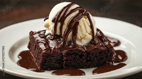Delicious Chocolate Brownie Dessert with Vanilla Ice Cream Rich Chocolate Sauce Sweet Treat Gourmet Baked Goodie Decadent Indulgent Chocolatey Brownie Recipe Homemade Dessert Photography food dark    