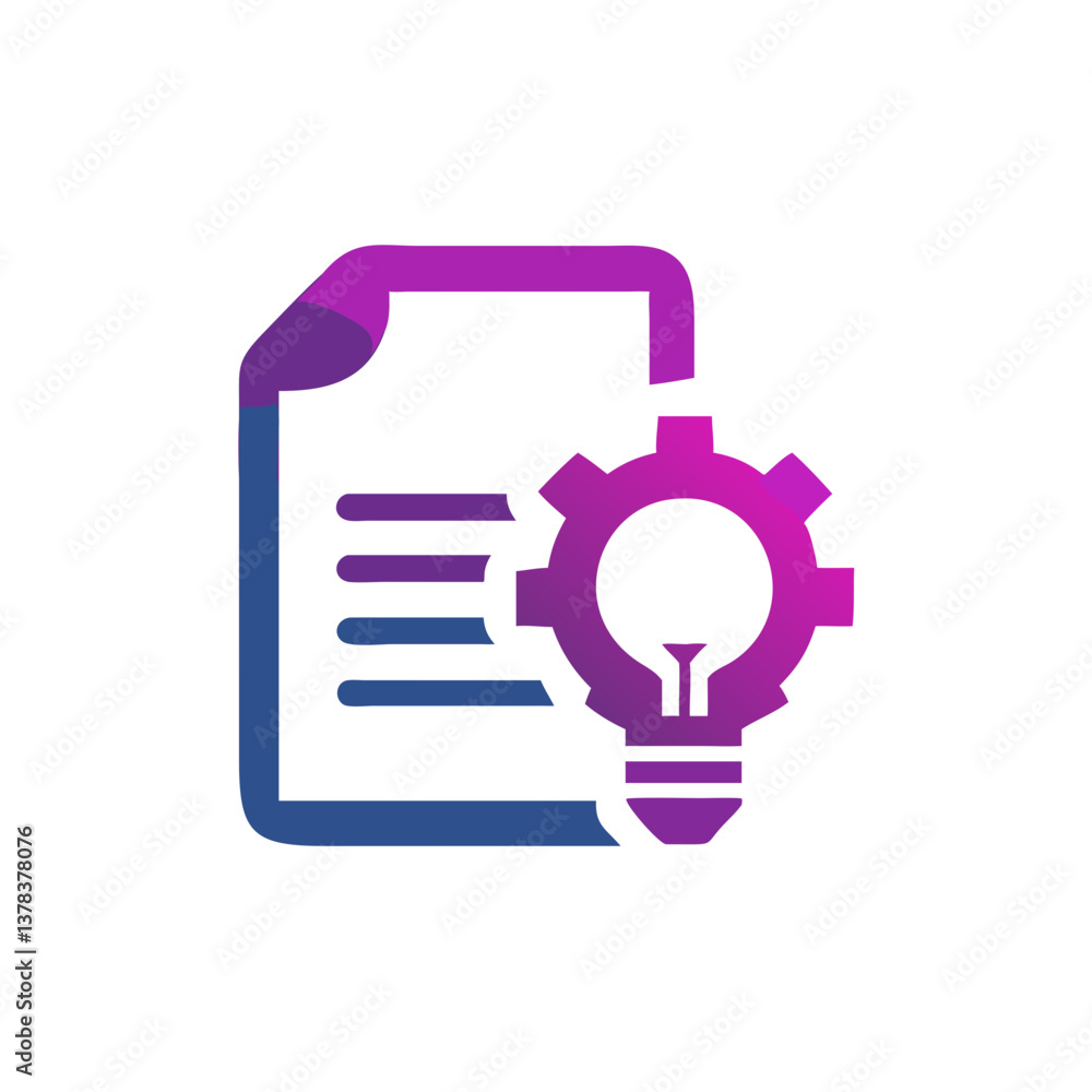 idea represented by a document and a gear with a bulb inside. this represents a innovative document or plan or other thing.