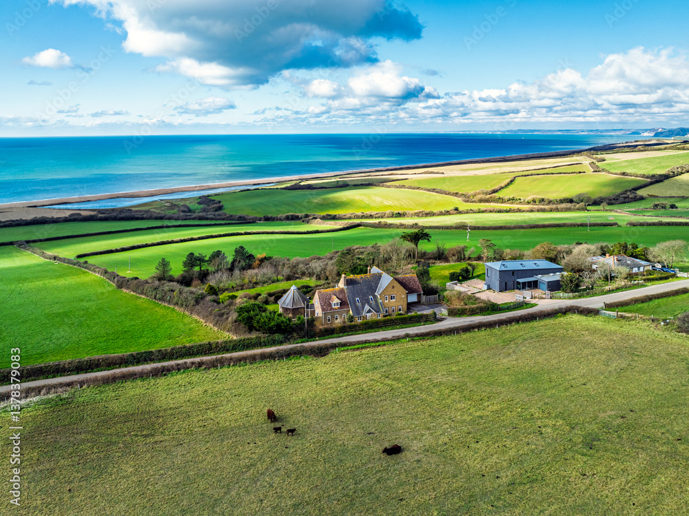 Farms over Swyre and West Bexington from a drone, West Bexington Nature Reserve, S W Coast Path, Dorchester, Dorset, England