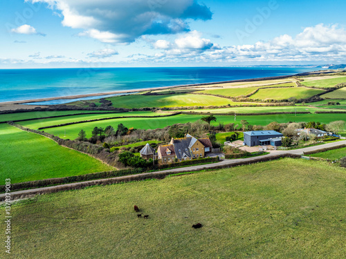 Farms over Swyre and West Bexington from a drone, West Bexington Nature Reserve, S W Coast Path, Dorchester, Dorset, England
