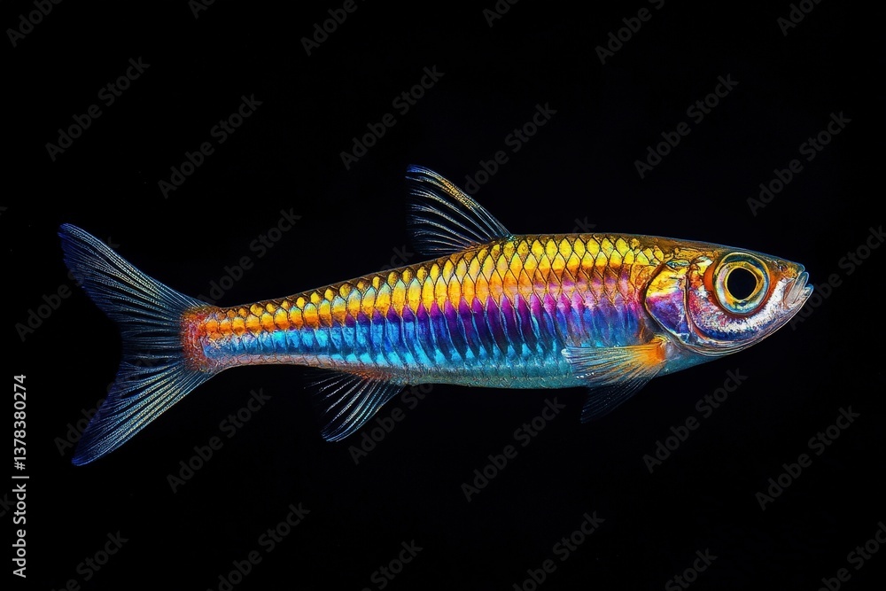 Fototapeta premium A brilliantly colorful fish swimming against a stark black background