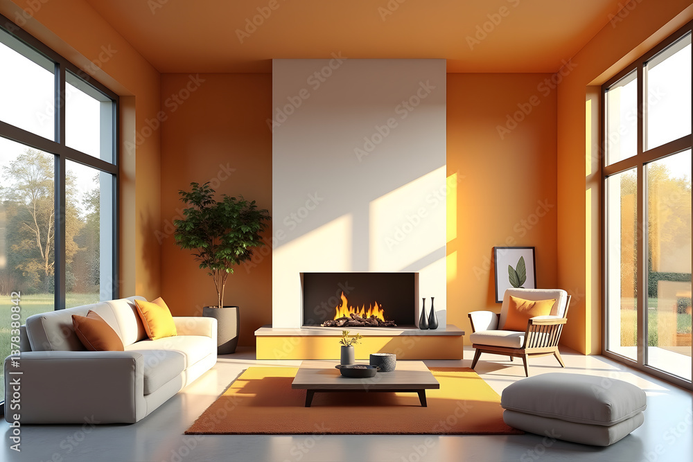 Fototapeta premium Modern passive house lounge with orange ceilings, expansive glazing, and a streamlined fireplace for a naturally lit, eco-friendly haven