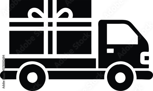 Delivery Truck with Gift Box Silhouette Icon on Transparent Background, Shipping Concept