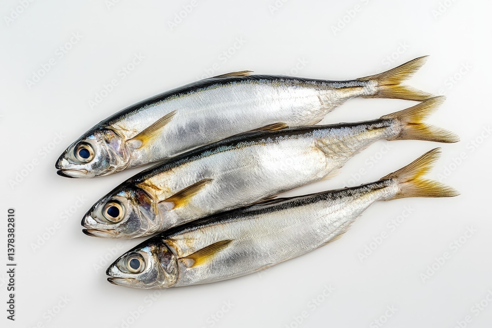 Three freshly caught fish are presented on a white surface Three freshly caught fish are presented on a white surface