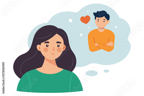 Dreamy Brunette Woman Imagining Man with Love Heart in Thought Bubble