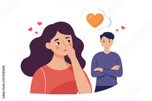 Dreamy Brunette Woman Thinking of Man with Heart on a Transparent Background