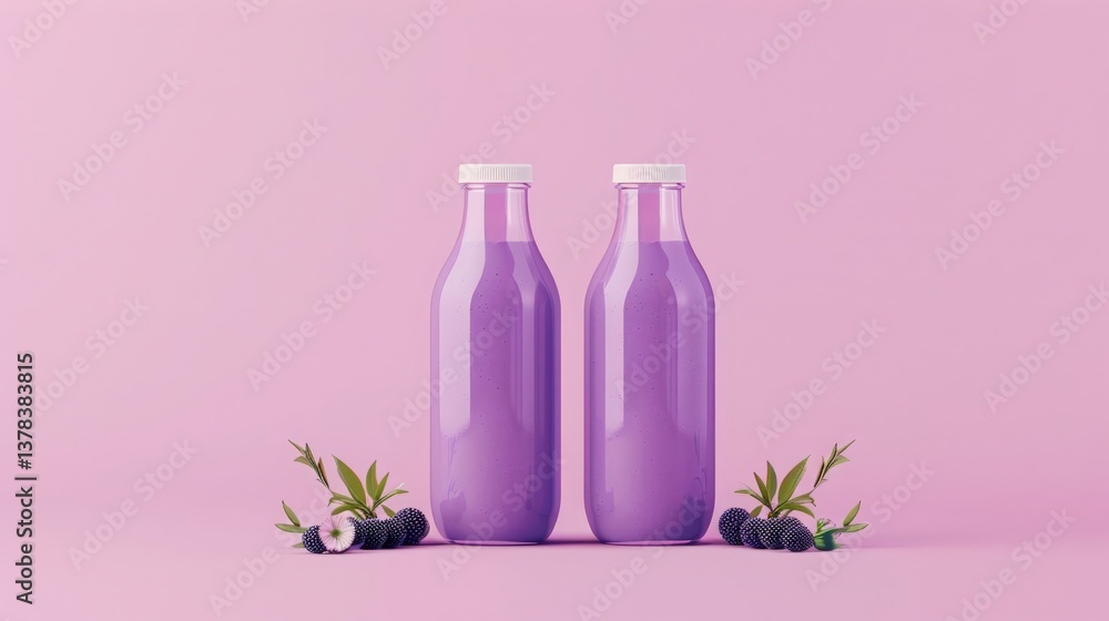 Purple Smoothie Bottles Mockup, Two bottles of purple smoothie on pink background Purple Smoothie Bottles Mockup, Two bottles of purple smoothie on pink background