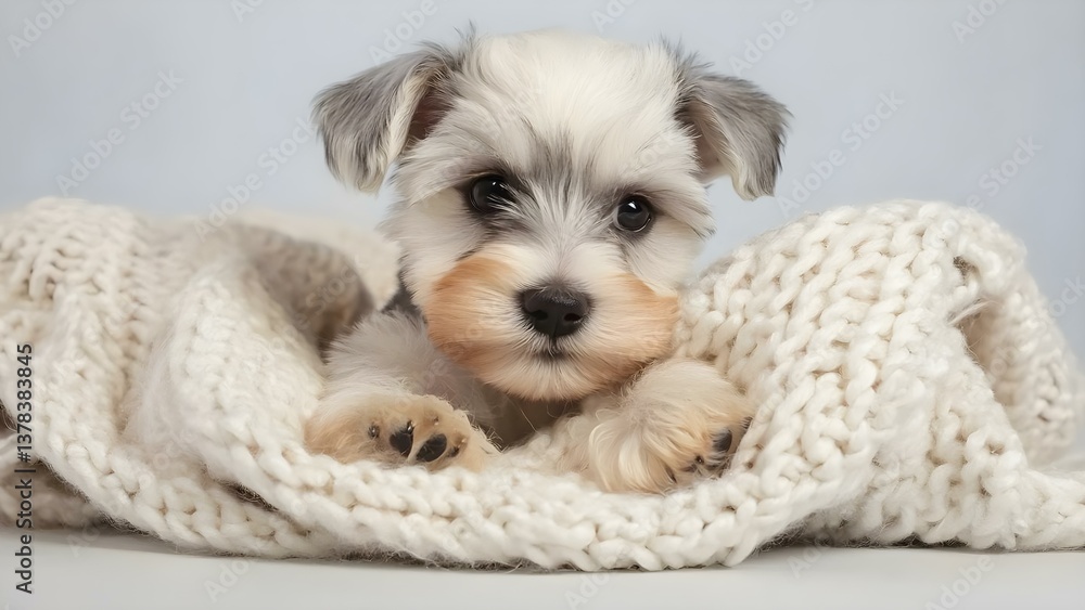 Εκτύπωση καμβά A small, fluffy puppy with a mix of gray and tan fur, resting on a white knitted blanket