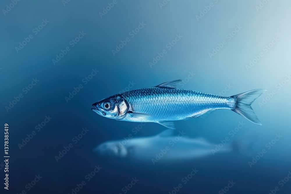 Naklejka premium A solitary fish is swimming in a gradient blue environment