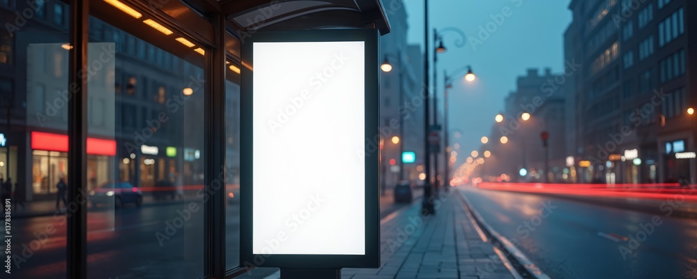 Blank digital billboard poster on city street bus stop at night. Urban advertising mockup. Empty advertising banner screen for business commercial promotion. Night lights, city landscape, motion, ai Blank digital billboard poster on city street bus stop at night. Urban advertising mockup. Empty advertising banner screen for business commercial promotion. Night lights, city landscape, motion, ai