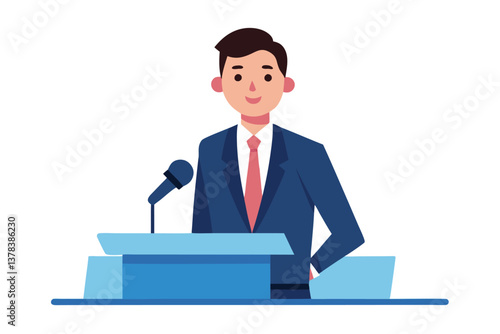 Flat Design Speaker Behind Podium with Microphone in Blue Suit & Red Tie on White