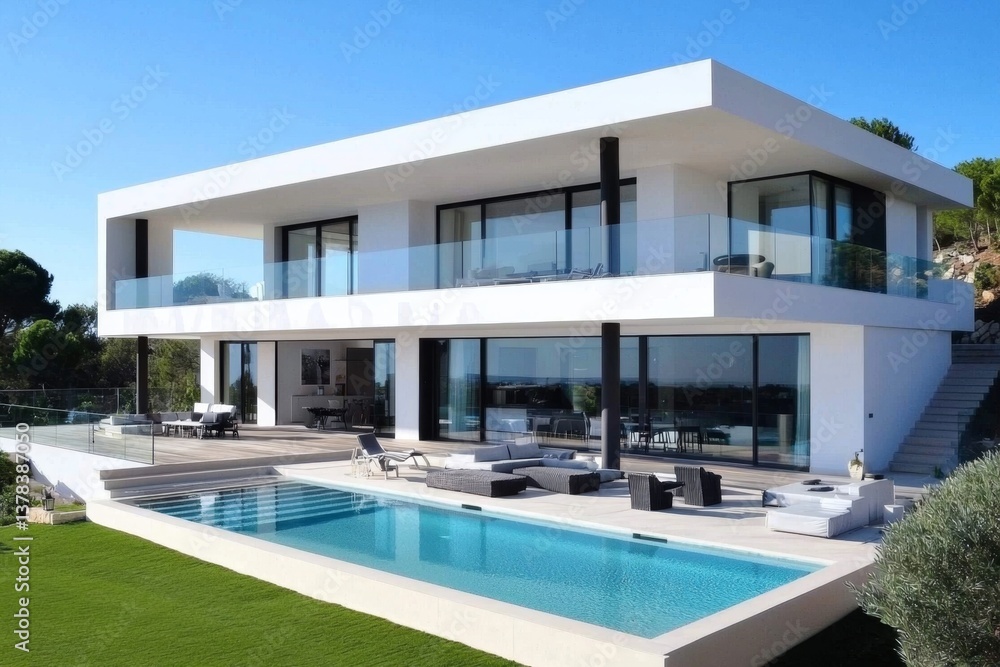 Fototapeta premium Espacios exteriores impresionantes en esta lujosa villa de dos pisos.