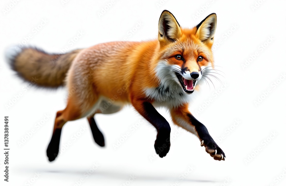 Fototapeta premium Funny red fox animal in full body jump against transparent background. Running mammal with fluffy fur in action. Wild fauna portrait on white. Illustration.