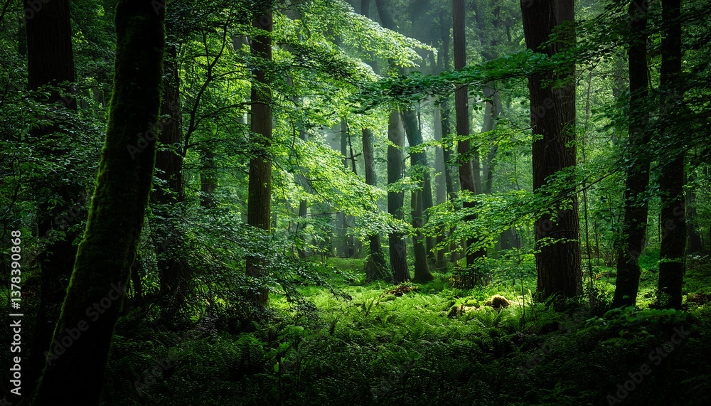 Fototapeta premium a forest with green leaves and trees the forest is dark and mysterious