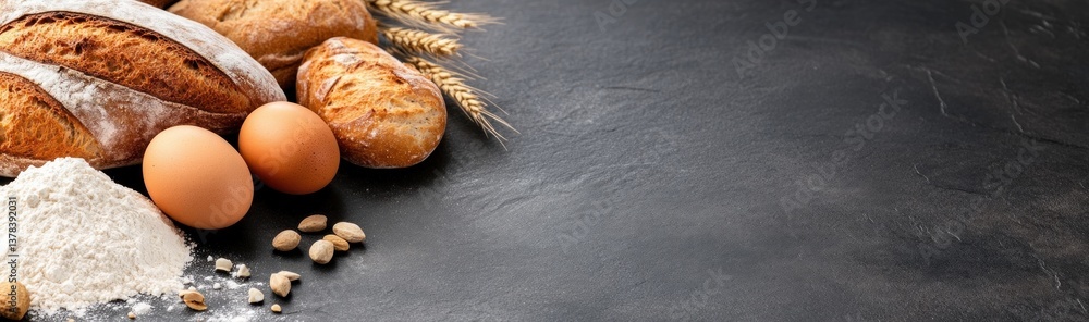 Rustic bread with eggs and flour on textured background. Rustic bread with eggs and flour on textured background.