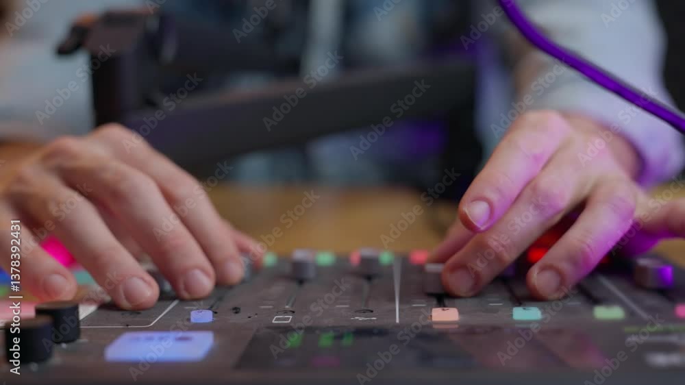Hands adjusting knobs and sliders on a podcast or sound engineering control panel. Close-up. Precision, focus, and audio production. Podcasting, sound design, music production, or broadcasting Hands adjusting knobs and sliders on a podcast or sound engineering control panel. Close-up. Precision, focus, and audio production. Podcasting, sound design, music production, or broadcasting