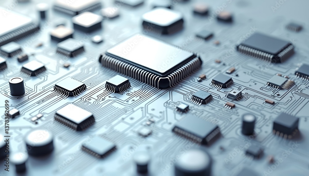 Close-up of electronic circuit board with microchips, processors, integrated circuits. Tech concept, computer components, digital hardware. Modern tech, data processing, innovation. Ideal for Close-up of electronic circuit board with microchips, processors, integrated circuits. Tech concept, computer components, digital hardware. Modern tech, data processing, innovation. Ideal for