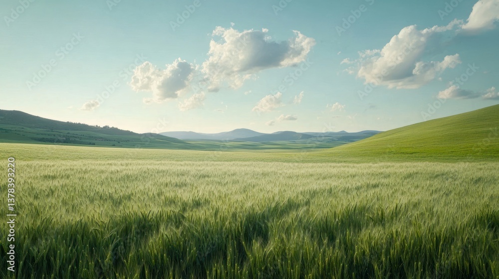 A wide shot of a green wheat field fields landscape outdoors. A wide shot of a green wheat field fields landscape outdoors.
