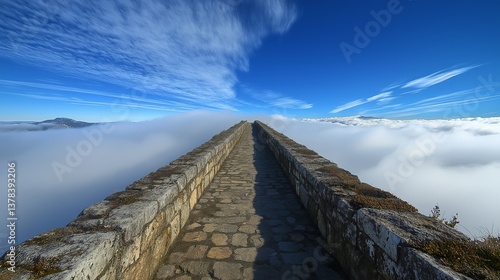 A stone bridge extending through an endless horizon of clouds.