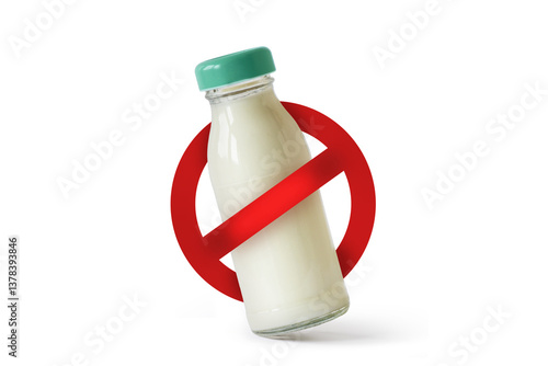 Glass bottle of milk with prohibition sign on white background - Lactose intolerance concept