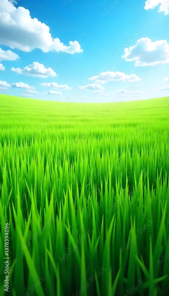 Generative AI Serene green field under a clear blue sky with fluffy clouds creating a peaceful vista Generative AI Serene green field under a clear blue sky with fluffy clouds creating a peaceful vista