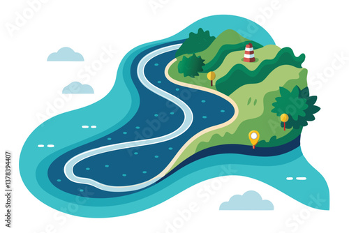 Isometric Seaside Landscape with Road, Lighthouse, Trees, and Blue Water