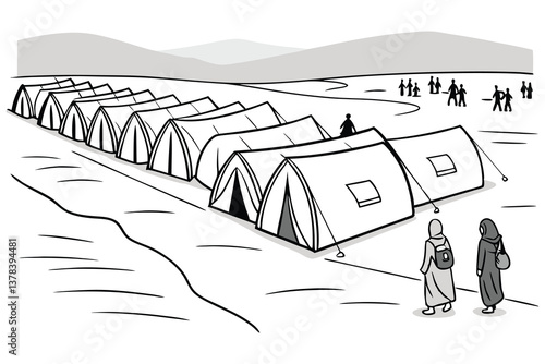 An early morning view of a refugee camp with rows of tents and people lining up amidst a vast landscape. all shape smooth and black color line 